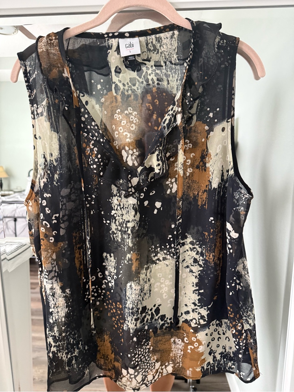 CAbi Incandescent Sleeveless Abstract Print blouse in Black, Brown and Cream